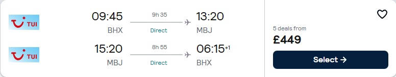 Non-stop flights from UK cities to Montego Bay, Jamaica for only £449 roundtrip. Flight deal ticket image.