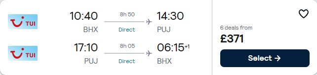 Non-stop flights from Birmingham, UK to the Dominican Republic for only £371 roundtrip. Flight deal ticket image.