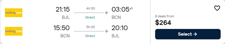 Click here to book this cheap flight deal. Non-stop flights from Banjul, Gambia to Barcelona, Spain for only $264 USD roundtrip. Flight deal ticket image.