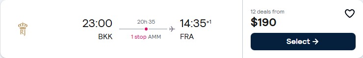 Click here to book this cheap flight deal. Cheap flights from Bangkok, Thailand to Frankfurt, Germany for only $187 USD one-way. Flight deal ticket image.