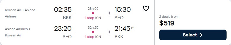 Click here to book this cheap flight deal. Cheap flights from Bangkok, Thailand to San Francisco, USA for only $519 USD roundtrip with Korean Air and Asiana Airlines. Flight deal ticket image.