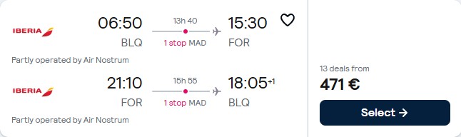 Click here to book this cheap flight deal. Cheap flights from Bologna or Milan, Italy to Fortaleza, Brazil from only €471 roundtrip with Iberia. Flight deal ticket image.