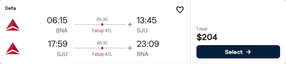Cheap flights from Nashville to San Juan, Puerto Rico for only $204 roundtrip with Delta Air Lines. Flight deal ticket image.