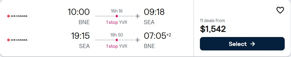 Click here to book this cheap flight deal. Cheap flights from Brisbane, Australia to Seattle, USA for only $1542 AUD roundtrip with Air Canada. Flight deal ticket image.