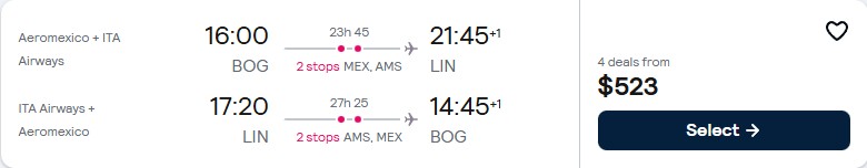 Click here to book this cheap flight deal. Cheap flights from Bogota, Colombia to Milan, Italy for only $523 USD roundtrip with Aeromexico. Flight deal ticket image.