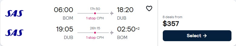Click here to book this cheap flight deal. Cheap flights from Mumbai, India to Dublin, Ireland for only $357 USD roundtrip with Scandinavian Airlines. Flight deal ticket image.