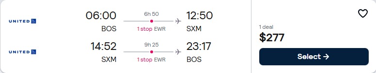 Click here to book this cheap flight deal. Cheap flights from Boston to St. Martin for only $277 roundtrip with United Airlines. Flight deal ticket image.