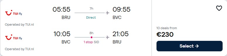 Cheap flights from Brussels, Belgium to Boa Vista, Cape Verde for only €233 roundtrip. Flight deal ticket image.