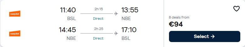Click here to book this cheap flight deal. Non-stop flights from Basel or Geneva, Switzerland to Enfidha, Tunisia from only €94 roundtrip. Flight deal ticket image.