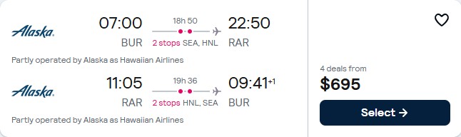 Click here to book this cheap flight deal. Summer flights from Burbank, California to the Cook Islands for only $695 roundtrip with Alaska Airlines. Flight deal ticket image.