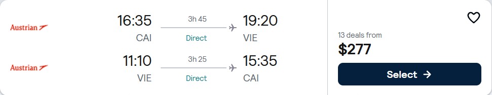 Click here to book this cheap flight deal. Non-stop flights from Cairo, Egypt to Vienna, Austria for only $277 USD roundtrip with Austrian Airlines. Flight deal ticket image.