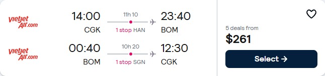 Click here to book this cheap flight deal. Cheap flights from Jakarta, Indonesia to Mumbai, India for only $261 USD roundtrip. Flight deal ticket image.