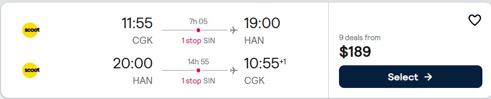 Click here to book this cheap flight deal. Cheap flights from Jakarta, Indonesia to Hanoi, Vietnam for only $189 USD roundtrip. Flight deal ticket image.