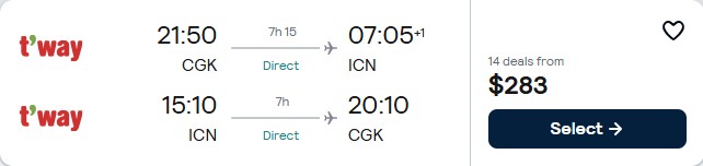 Non-stop flights from Jakarta, Indonesia to Seoul, South Korea for only $283 USD roundtrip. Flight deal ticket image.