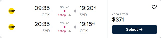 Click here to book this cheap flight deal. Cheap flights from Jakarta, Indonesia to Sydney, Australia for only $371 USD roundtrip. Flight deal ticket image.