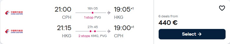 Click here to book this cheap flight deal. Cheap flights from Copenhagen, Denmark to Hong Kong for only €440 roundtrip. Flight deal ticket image.