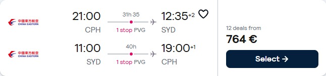 Click here to book this cheap flight deal. Cheap flights from Copenhagen, Denmark to Sydney, Australia for only €764 roundtrip. Flight deal ticket image.