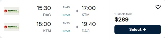 Click here to book this cheap flight deal. Non-stop, Christmas and New Year flights from Dhaka, Bangladesh to Kathmandu, Nepal for only $289 USD roundtrip. Flight deal ticket image.