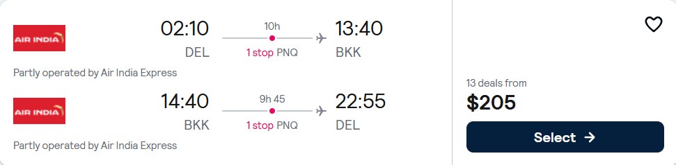 Click here to book this cheap flight deal. Cheap flights from Delhi, India to Bangkok, Thailand for only $205 USD roundtrip. Flight deal ticket image.