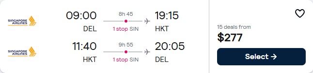Cheap flights from Delhi, India to Phuket, Thailand for only $277 USD roundtrip with Singapore Airlines. Flight deal ticket image.
