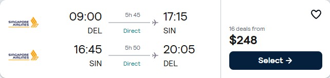 Click here to book this cheap flight deal. Non-stop flights from Delhi, India to Singapore for only $248 USD roundtrip with Singapore Airlines. Flight deal ticket image.