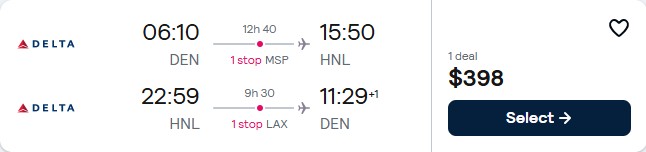 Click here to book this cheap flight deal. Cheap flights from Denver, Colorado to Honolulu, Hawaii for only $398 roundtrip with Delta Air Lines. Also works in reverse. Flight deal ticket image.
