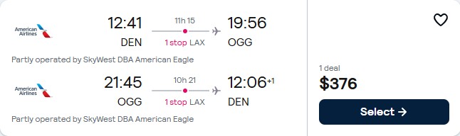 Cheap flights from Denver, Colorado to Kahului, Hawaii for only $376 roundtrip with American Airlines. Also works in reverse. Flight deal ticket image.