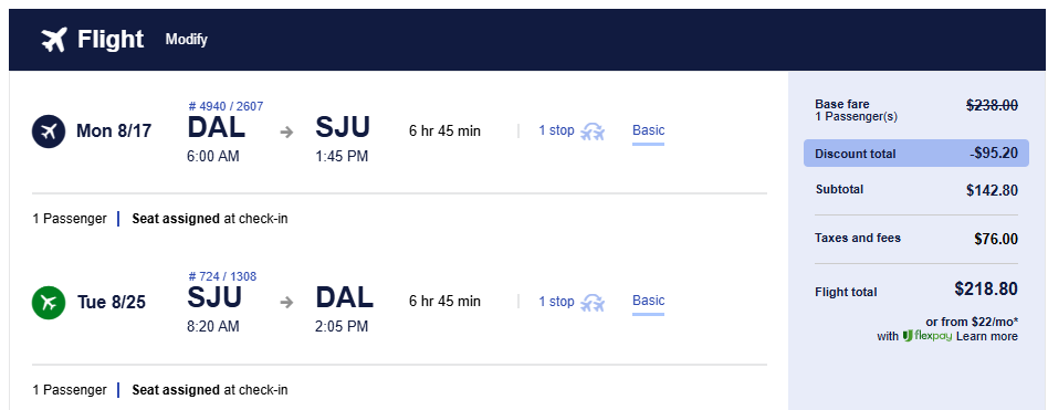 Click here to book this cheap flight deal. Cheap flights from Dallas, USA to San Juan, Puerto Rico for only $218 roundtrip. Flight deal ticket image.