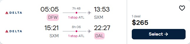 Cheap flights from Dallas, Texas to St. Martin for only $265 roundtrip with Delta Air Lines. Flight deal ticket image.