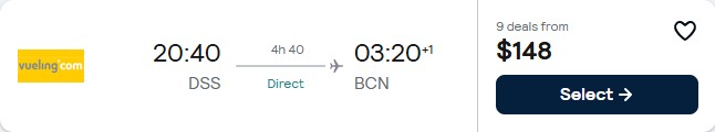 Non-stop, summer flights from Dakar, Senegal to Barcelona, Spain for only $148 USD one-way. Flight deal ticket image.