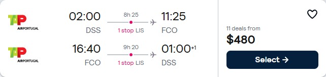 Click here to book this cheap flight deal. Cheap flights from Dakar, Senegal to Rome, Italy for only $480 USD roundtrip with TAP Air Portugal. Flight deal ticket image.