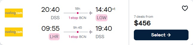 Click here to book this cheap flight deal. Cheap flights from Dakar, Senegal to London, UK for only $456 USD roundtrip. Flight deal ticket image.