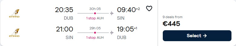 Click here to book this cheap flight deal. Cheap flights from Dublin, Ireland to Singapore for only €448 roundtrip with Etihad Airways. Flight deal ticket image.