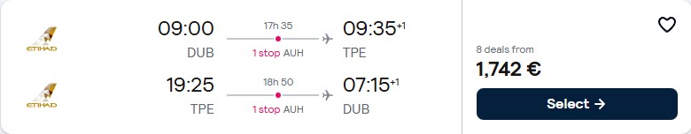 Business Class, summer flights from Dublin, Ireland to Taipei, Taiwan for only €1742 roundtrip with Etihad Airways. Flight deal ticket image.