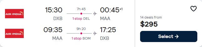Click here to book this cheap flight deal. Cheap flights from Dubai, UAE to Chennai, India for only $295 USD roundtrip. Flight deal ticket image.