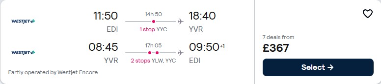 Click here to book this cheap flight deal. Cheap flights from Edinburgh, Scotland to Western Canada from only £361 roundtrip. Flight deal ticket image.