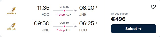 Summer flights from Rome, Italy to Johannesburg, South Africa for only €496 roundtrip with Etihad Airways. Flight deal ticket image.