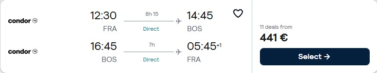 Click here to book this cheap flight deal. Non-stop flights from Frankfurt, Germany to Boston, USA for only €434 roundtrip. Flight deal ticket image.