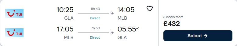 Non-stop, last minute flights from Glasgow, Scotland to Melbourne, Florida for only £432 roundtrip. Flight deal ticket image.