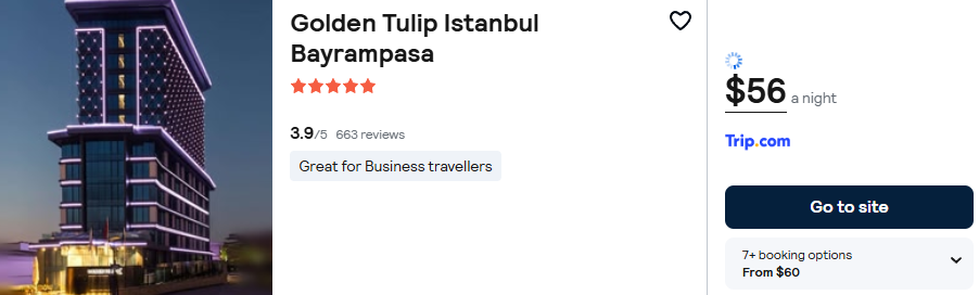 Click here to book this cheap flight deal. Stay at the 5* Golden Tulip Istanbul Bayrampasa in Istanbul, Turkey for only $56 USD per night. Flight deal ticket image.