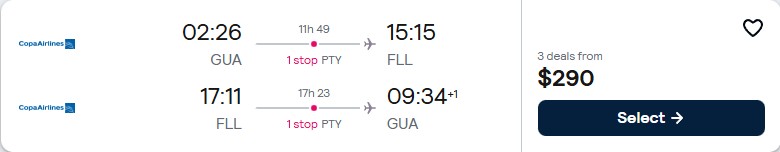 Click here to book this cheap flight deal. Cheap flights from Guatemala City, Guatemala to Fort Lauderdale, USA for only $290 USD roundtrip with Copa Airlines. Flight deal ticket image.