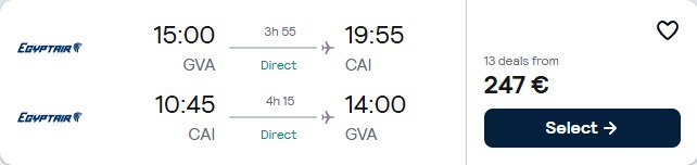Click here to book this cheap flight deal. Non-stop, summer flights from Geneva, Switzerland to Cairo, Egypt for only €247 roundtrip. Flight deal ticket image.