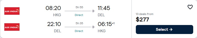 Non-stop flights from Hong Kong to Delhi, India for only $277 USD roundtrip. Flight deal ticket image.