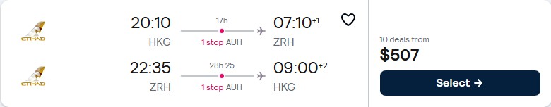 Click here to book this cheap flight deal. Cheap flights from Hong Kong to Zurich, Switzerland for only $507 USD roundtrip with Etihad Airways. Flight deal ticket image.