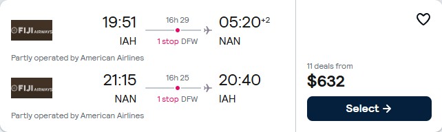 Summer flights from Houston, Texas to Fiji for only $632 roundtrip with American Airlines and Fiji Airways. Flight deal ticket image.