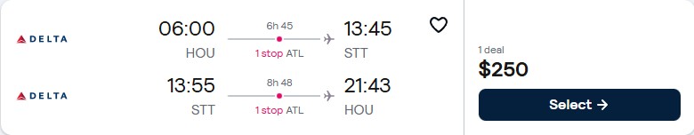 Cheap flights from Houston, Texas to the US Virgin Islands for only $250 roundtrip with Delta Air Lines. Flight deal ticket image.