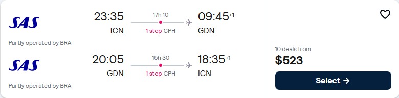 Click here to book this cheap flight deal. Cheap flights from Seoul, South Korea to Gdansk, Poland for only $520 USD roundtrip with Scandinavian Airlines. Flight deal ticket image.