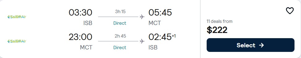 Click here to book this cheap flight deal. Non-stop flights from Islamabad, Pakistan to Muscat, Oman for only $222 USD roundtrip. Flight deal ticket image.