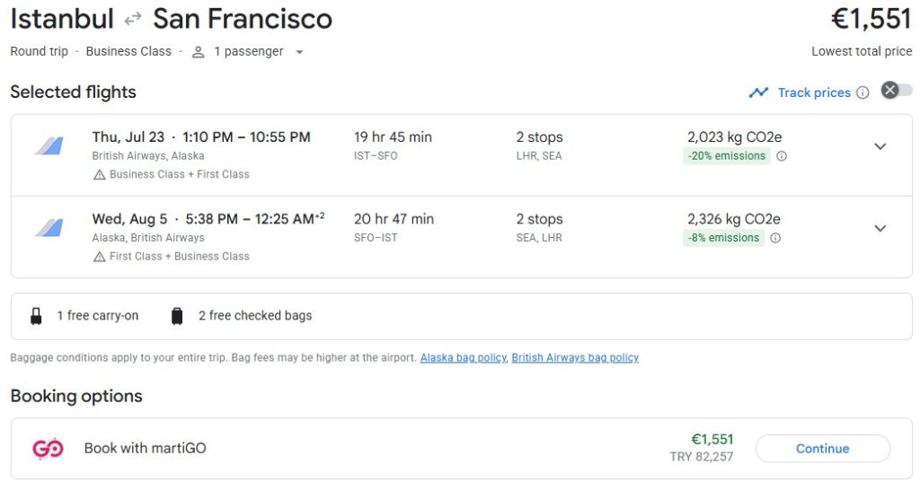 Click here to book this cheap flight deal. Business Class, summer flights from Istanbul, Turkey to San Francisco, USA for only €1552 roundtrip with Alaska Airlines and British Airways. Flight deal ticket image.