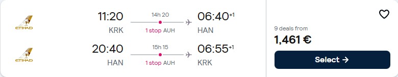 Click here to book this cheap flight deal. Business Class flights from Krakow, Poland to Hanoi, Vietnam for only €1461 roundtrip with Etihad Airways. Flight deal ticket image.